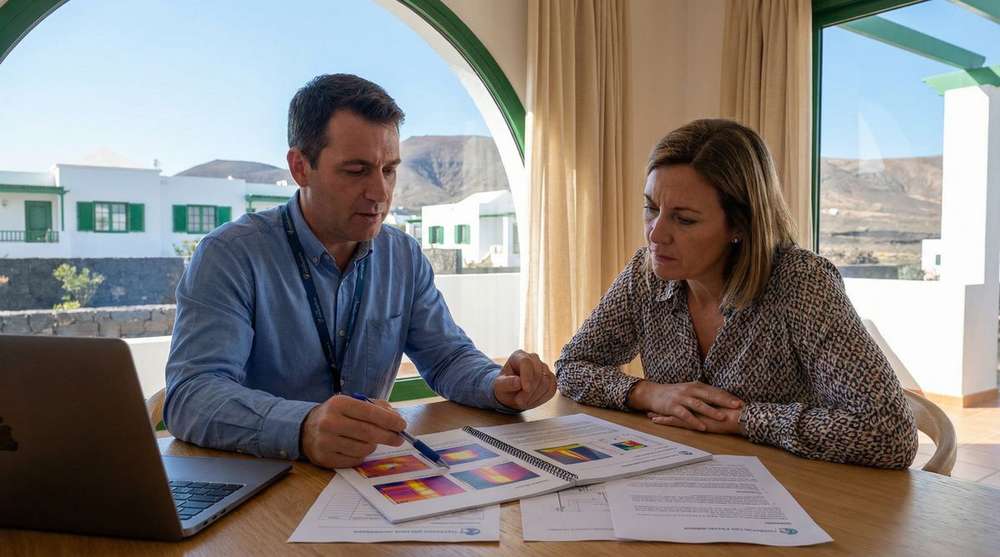 Leak detection technician reviewing thermal imaging report with homeowner in Lanzarote property