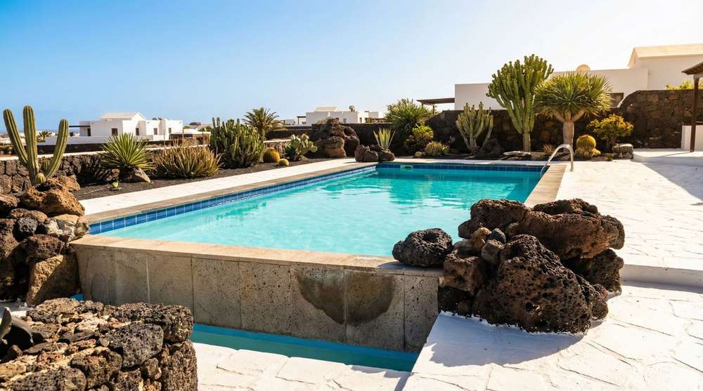 Lanzarote villa swimming pool surrounded by volcanic rock where hidden pipe leaks can occur