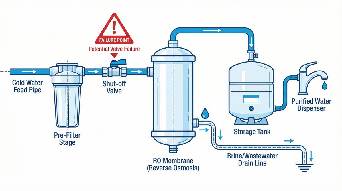 Reverse osmosis system diagram showing shut-off valve failure point causing high water bills in Lanzarote